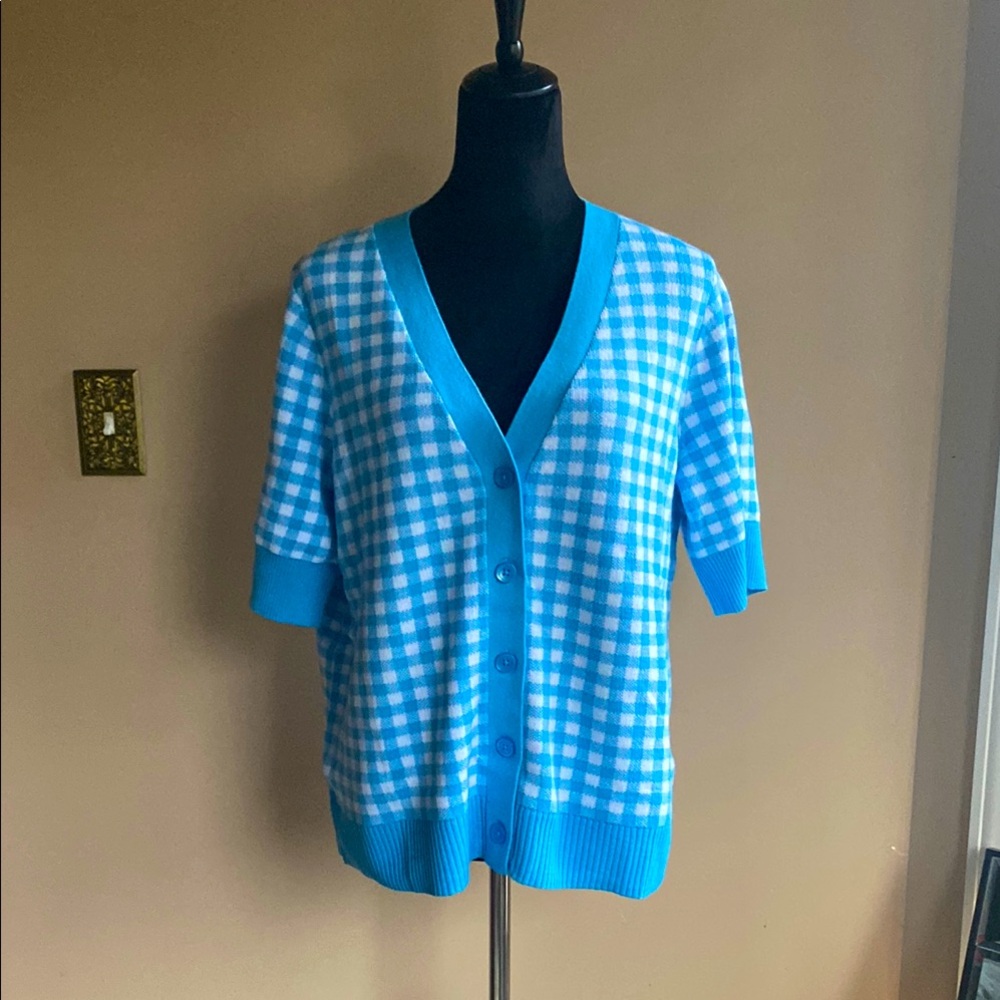 Blue and White Gingham Cardigan Sweater